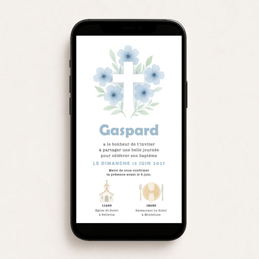 Invitation baptême numérique croix fleurs bleu illustration