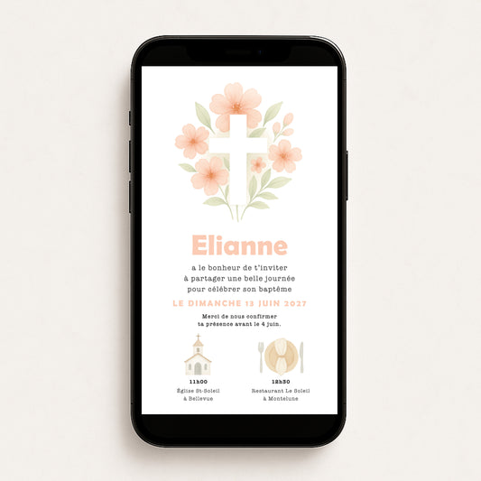 Invitation baptême numérique croix fleurs rose illustration