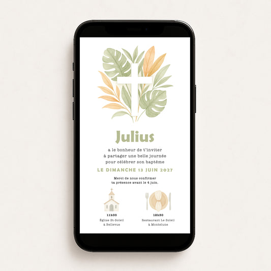 Invitation baptême numérique croix feuilles jungle illustration