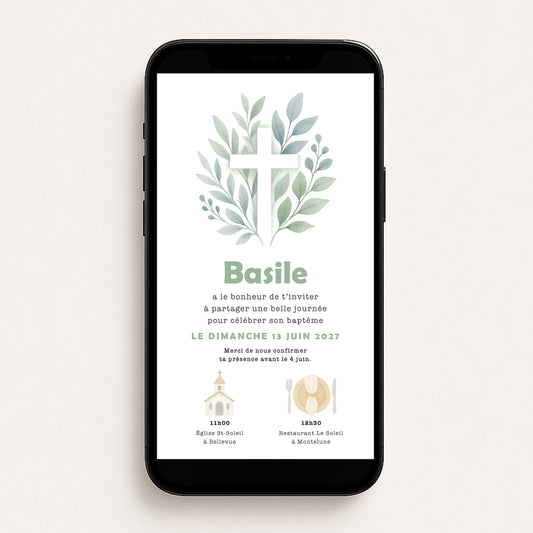 Invitation baptême numérique croix feuilles illustration