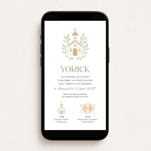 Invitation baptême numérique Église feuilles vert