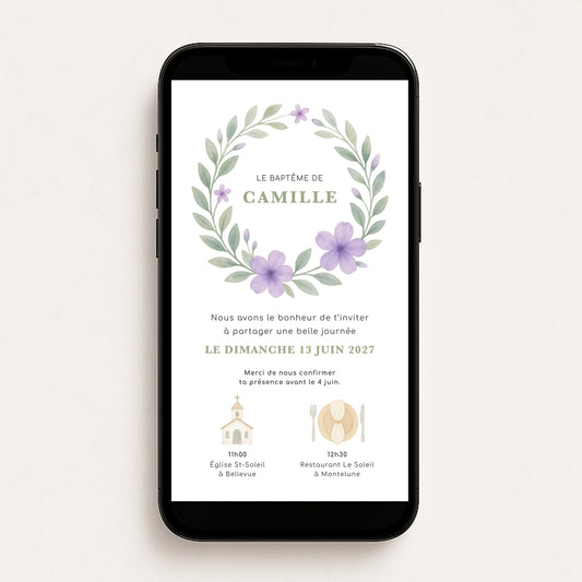 Invitation baptême numérique couronne feuilles vert lilas aquarelle