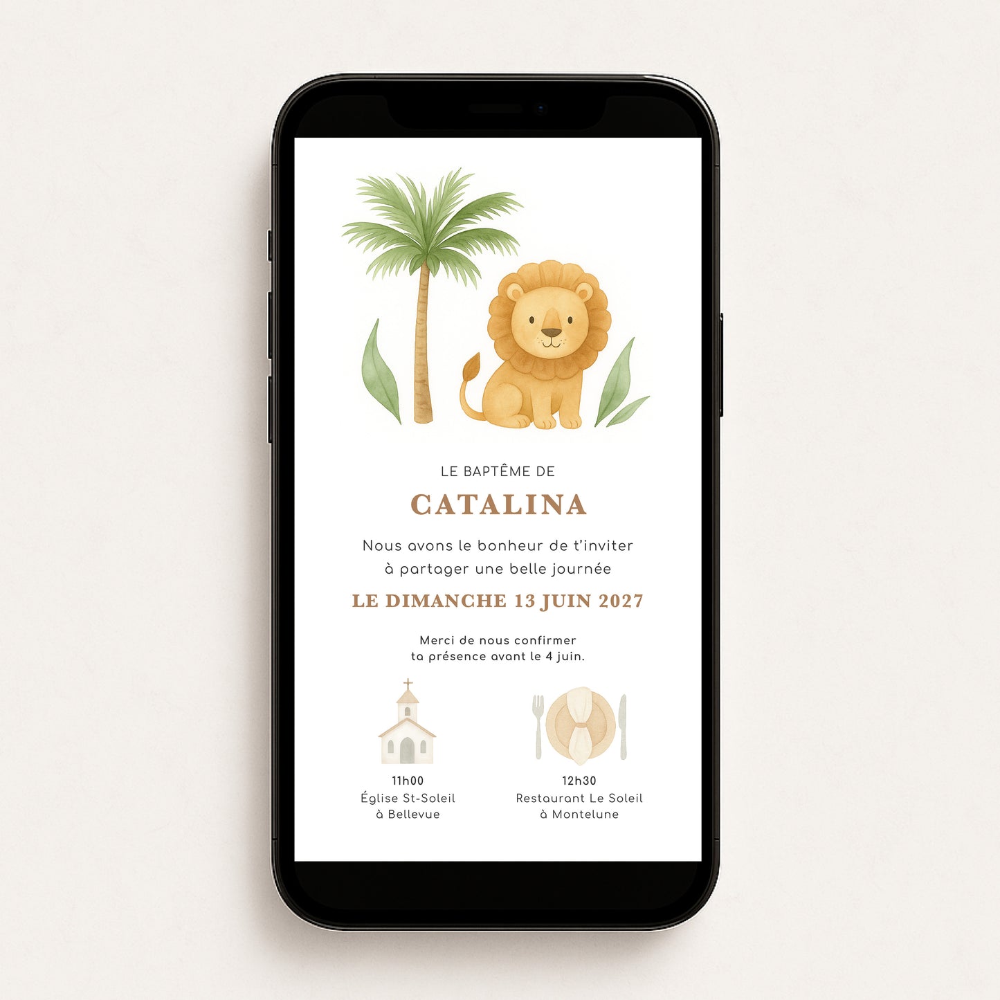 Invitation baptême numérique lion jungle illustration