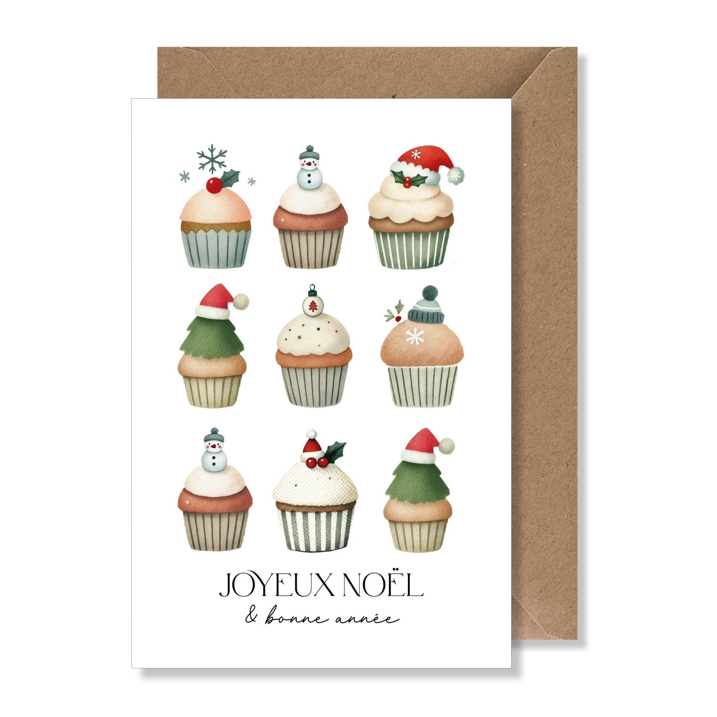 Carte de vœux A6 "joyeux Noël & bonne année" illustration cupcakes