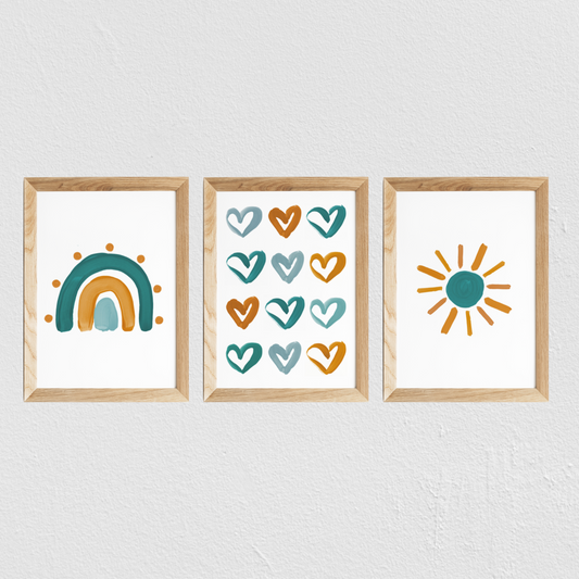 Poster chambre bébé / enfant ‘cœurs’ moutarde et bleu canard - SEVEN PAPER