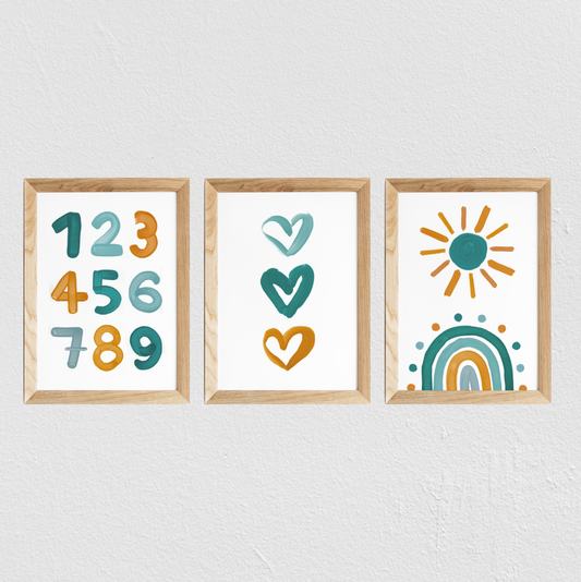 Poster chambre bébé / enfant ‘3 cœurs’ moutarde et bleu canard - SEVEN PAPER