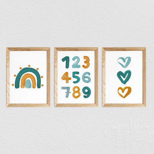 Poster chambre bébé / enfant ‘chiffres’ moutarde et bleu canard - SEVEN PAPER