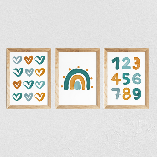 Poster chambre bébé / enfant ‘arc-en-ciel points’ moutarde et bleu canard - SEVEN PAPER