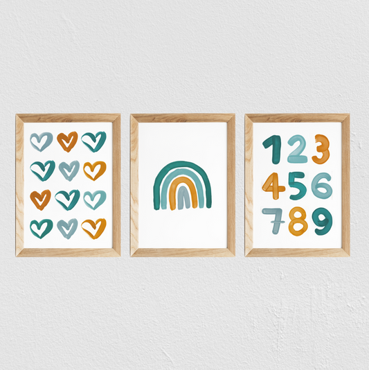 Poster chambre bébé / enfant ‘arc-en-ciel’ moutarde et bleu canard - SEVEN PAPER