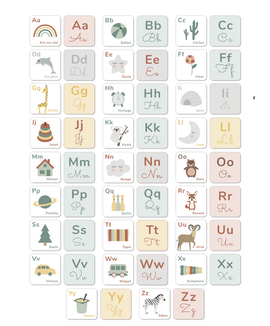 26 Cartes alphabet naissance vert