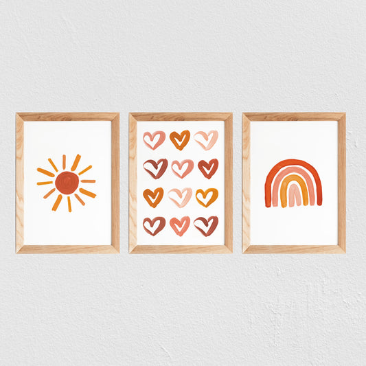Poster chambre bébé / enfant ‘cœurs’ brique, moutarde et rose - SEVEN PAPER