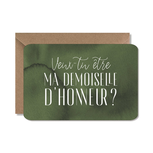 Carte mariage originale demande ‘demoiselle d'honneur’ aquarelle vert olive